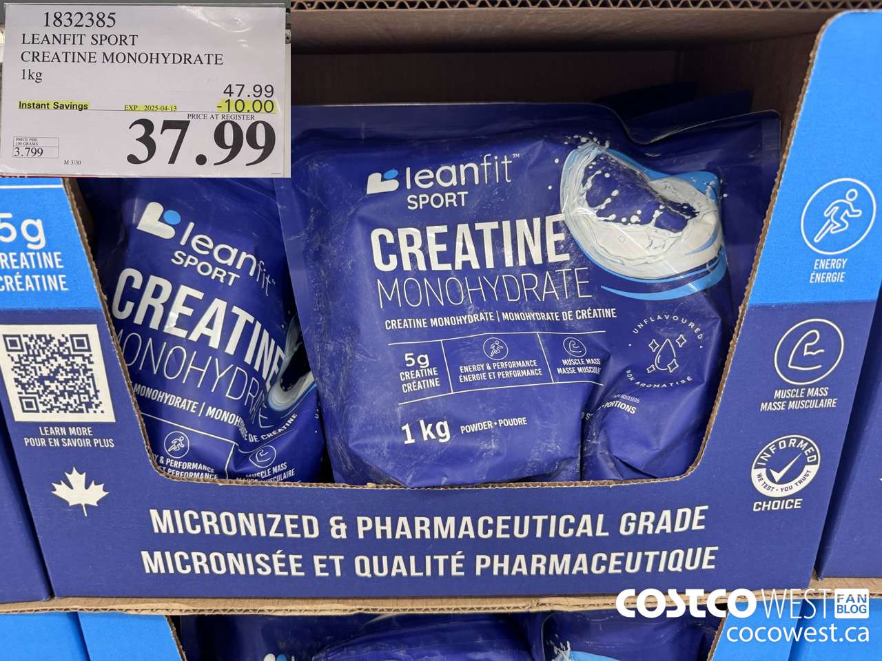 1832385 LEANFIT SPORT CREATINE MONOHYDRATE 1KG ($10.00 INSTANT SAVINGS EXPIRES ON 2025-04-13) $37.99