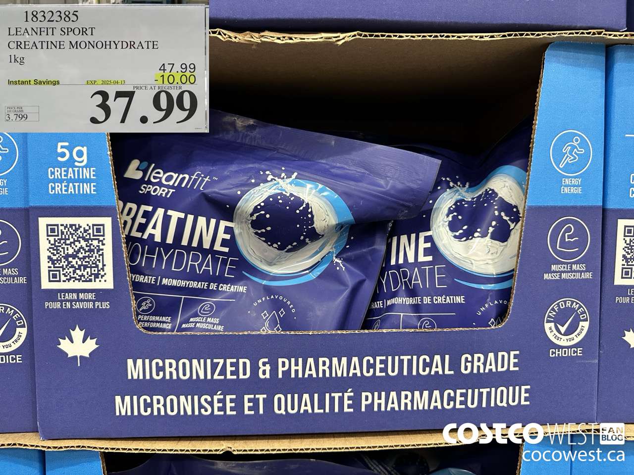 1832385 LEANFIT SPORT CREATINE MONOHYDRATE 1KG ($10.00 INSTANT SAVINGS EXPIRES ON 2025-04-13) $37.99
