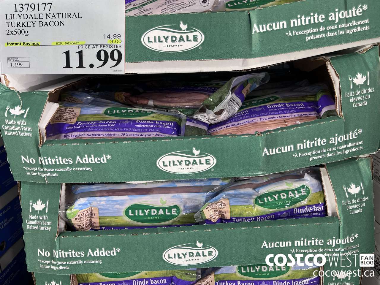 1379177 LILYDALE NATURAL TURKEY BACON 2 x 500 g ($3.00 INSTANT SAVINGS EXPIRES ON 2025-04-27) $11.99