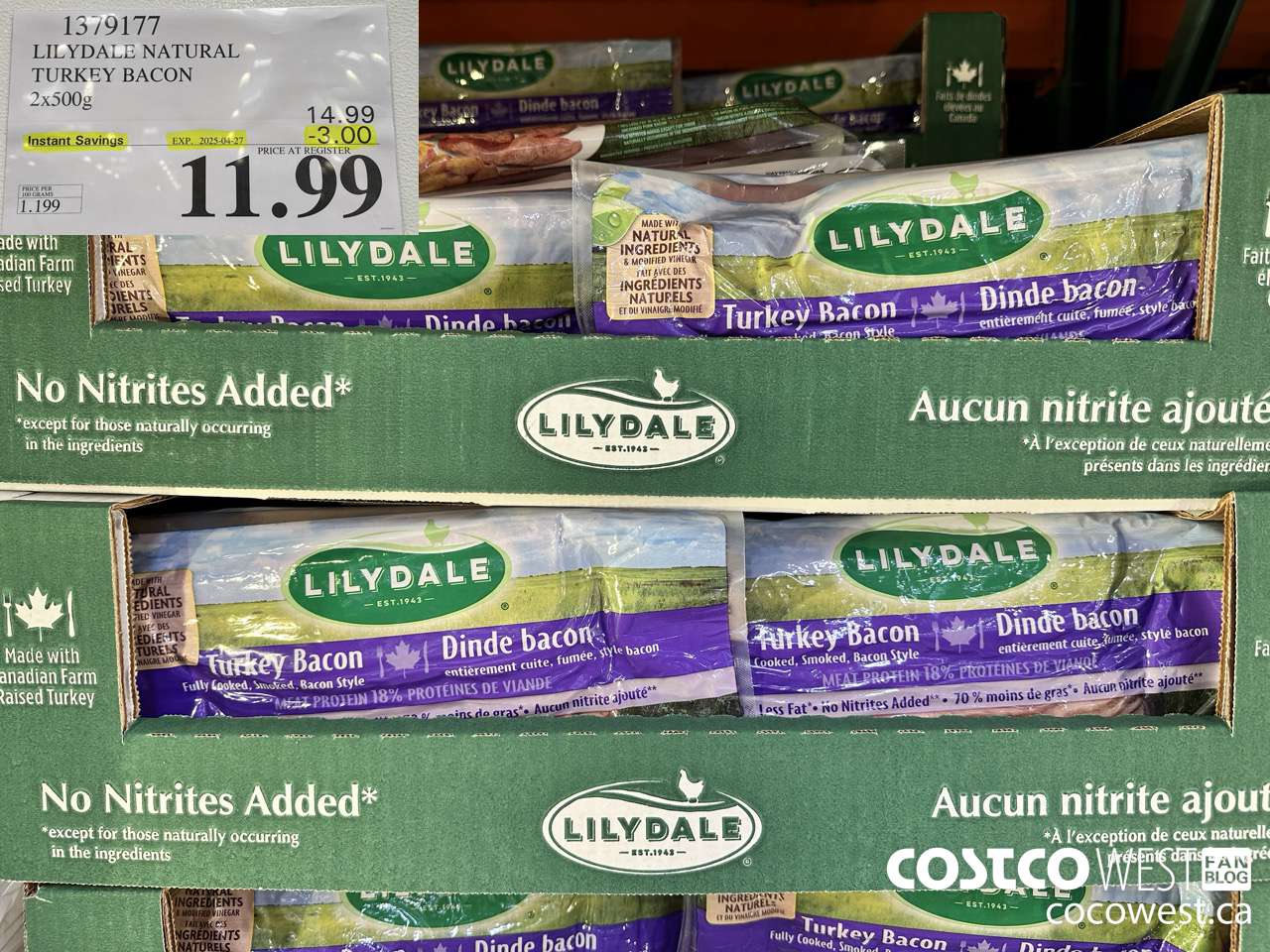 1379177 LILYDALE NATURAL TURKEY BACON 2 x 500 g ($3.00 INSTANT SAVINGS EXPIRES ON 2025-04-27) $11.99