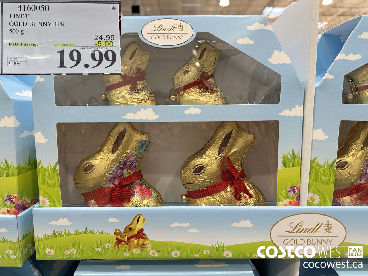 4160050 LINDT GOLD BUNNY 4PK 500G ($5.00 INSTANT SAVINGS EXPIRES ON 2025-04-19) $19.99
