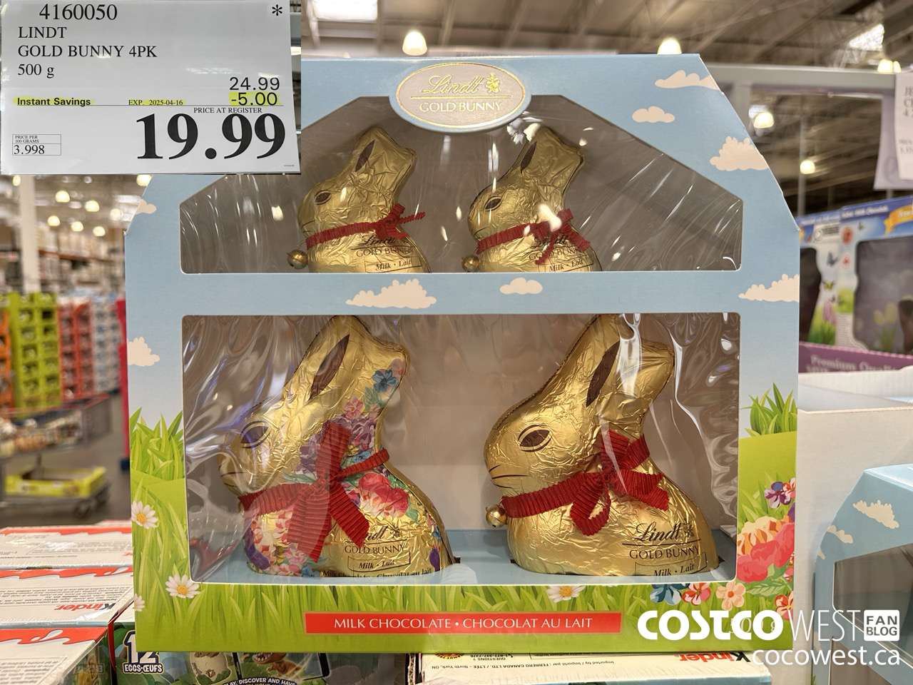 4160050 LINDT GOLD BUNNY 4PK 500G ($5.00 INSTANT SAVINGS EXPIRES ON 2025-04-19) $19.99