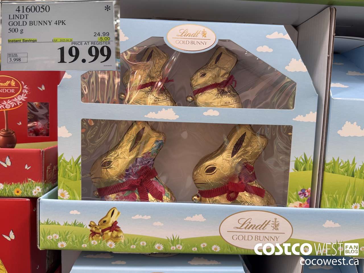 4160050 LINDT GOLD BUNNY 4PK 500G ($5.00 INSTANT SAVINGS EXPIRES ON 2025-04-16) $19.99