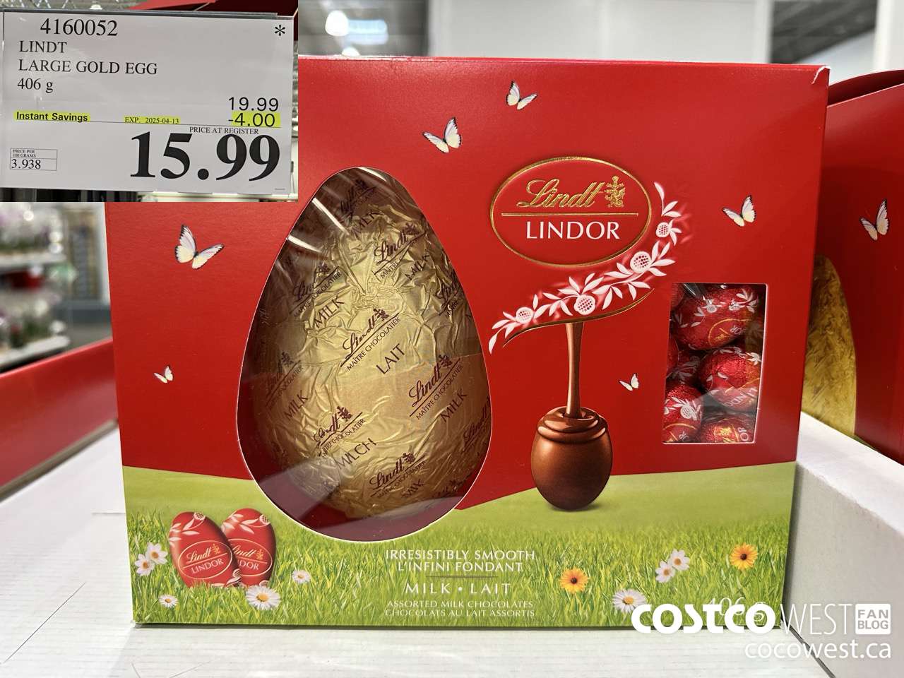4160052 LINDT LARGE GOLD EGG 406G ($4.00 INSTANT SAVINGS EXPIRES ON 2025-04-13) $15.99