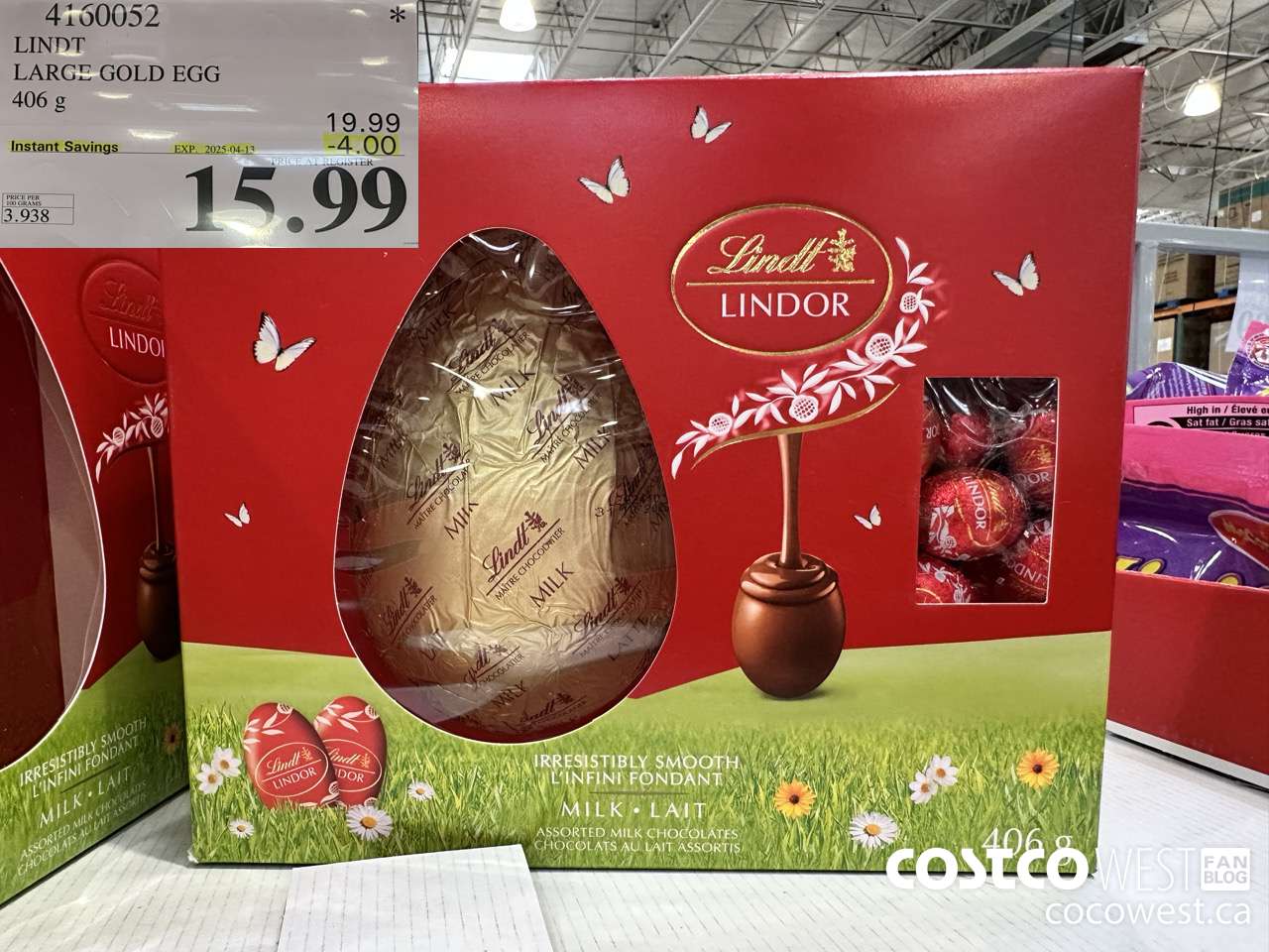 4160052 LINDT LARGE GOLD EGG 406G ($4.00 INSTANT SAVINGS EXPIRES ON 2025-04-13) $15.99