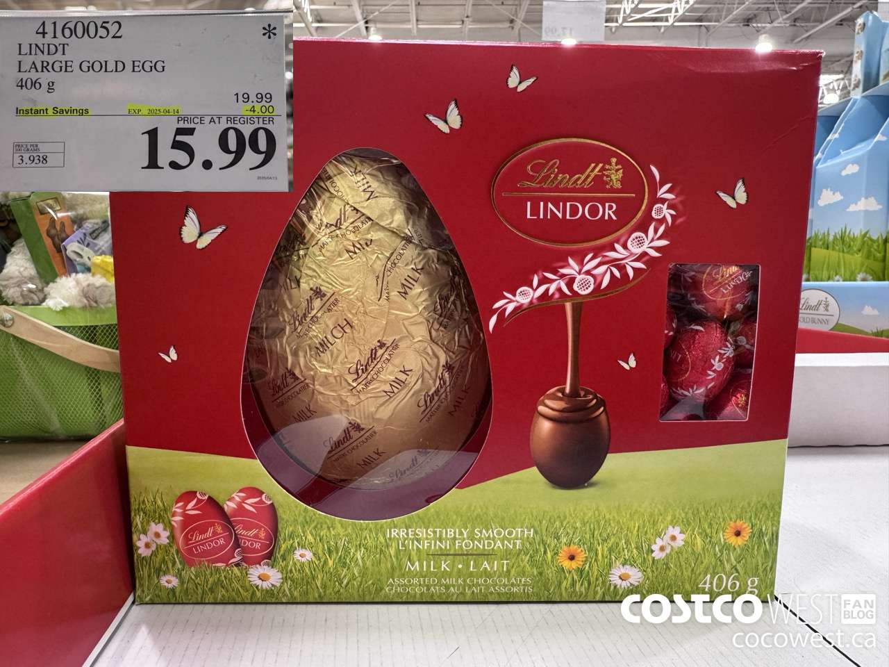 4160052 LINDT LARGE GOLD EGG 406G ($4.00 INSTANT SAVINGS EXPIRES ON 2025-04-14) $15.99