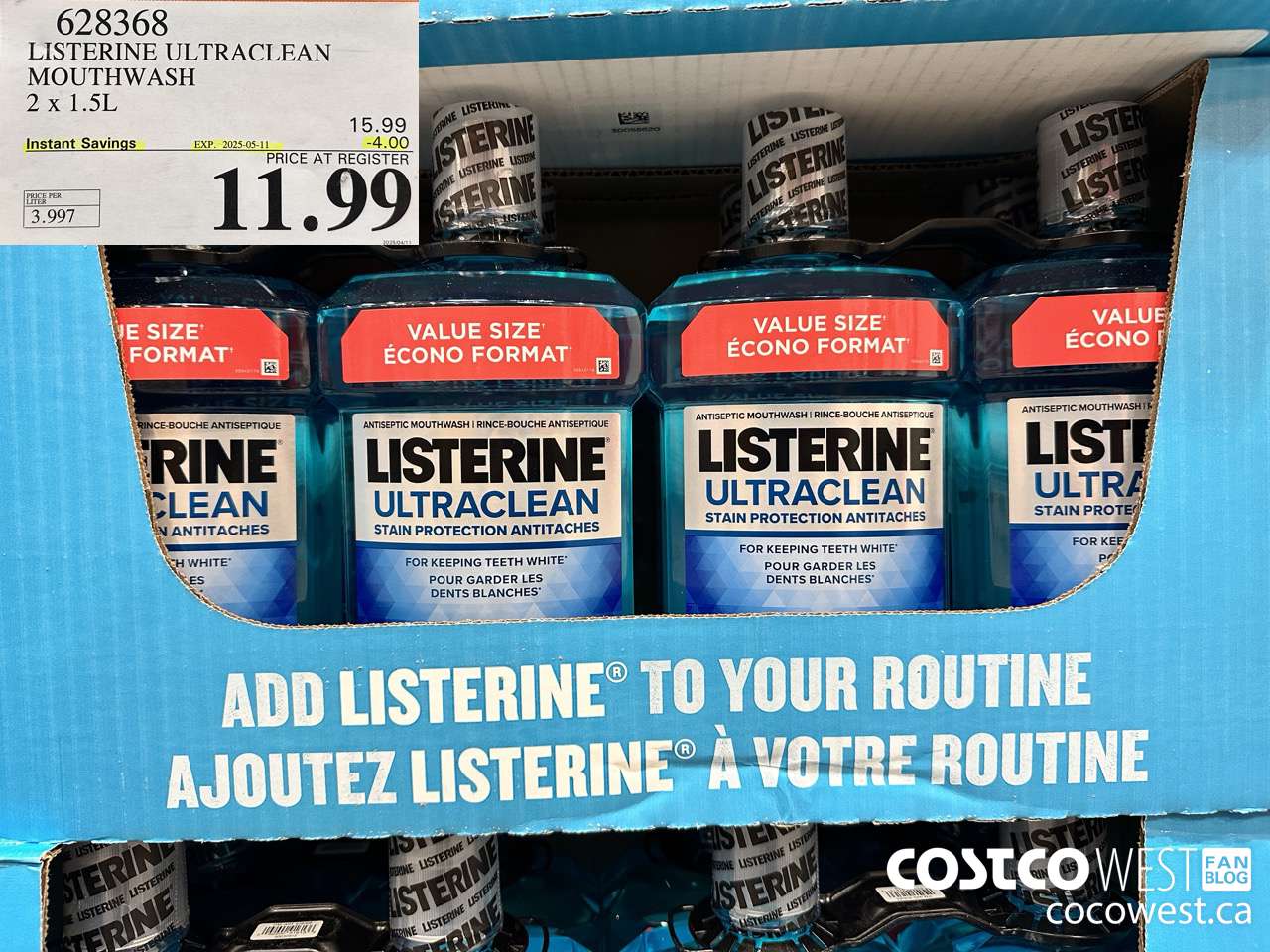 628368 LISTERINE ULTRACLEAN MOUTHWASH 2 X 1.5L ($4.00 INSTANT SAVINGS EXPIRES ON 2025-05-11) $11.99