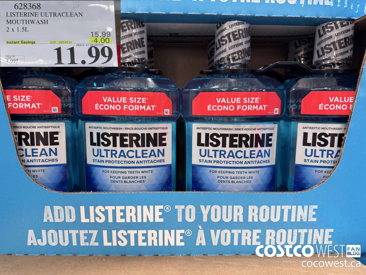 628368 LISTERINE ULTRACLEAN MOUTHWASH 2 X 1.5L ($4.00 INSTANT SAVINGS EXPIRES ON 2025-05-11) $11.99