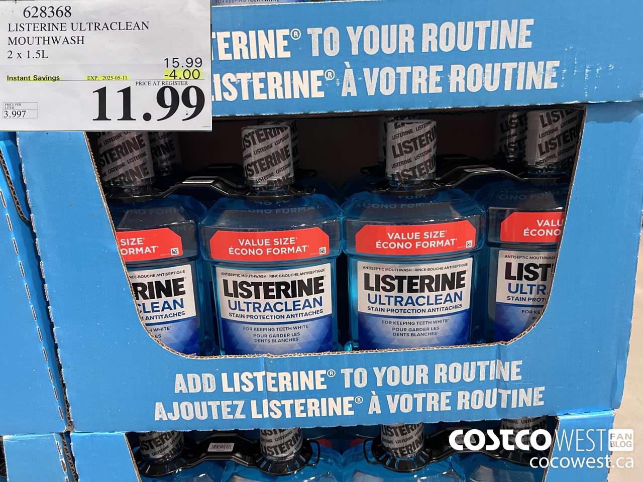 628368 LISTERINE ULTRACLEAN MOUTHWASH 2 X 1.5L ($4.00 INSTANT SAVINGS EXPIRES ON 2025-05-11) $11.99