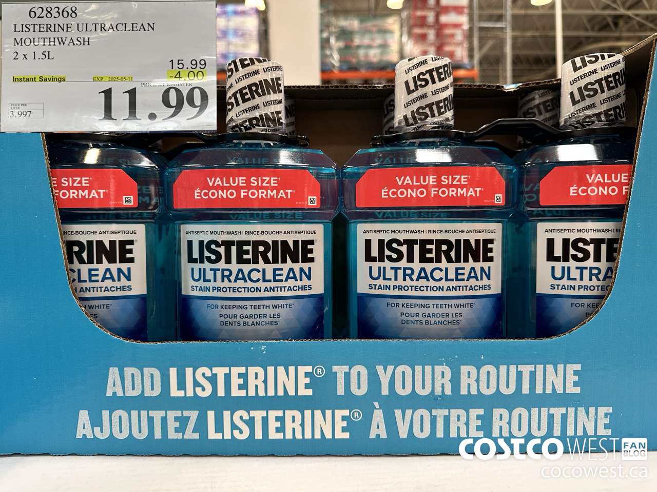 628368 LISTERINE ULTRACLEAN MOUTHWASH 2 X 1.5L ($4.00 INSTANT SAVINGS EXPIRES ON 2025-05-11) $11.99