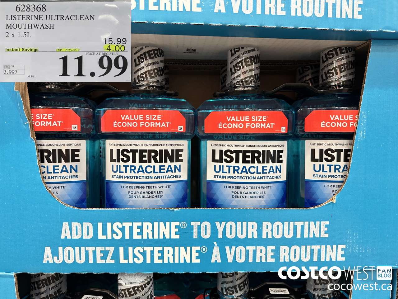 628368 LISTERINE ULTRACLEAN MOUTHWASH 2 X 1.5L ($4.00 INSTANT SAVINGS EXPIRES ON 2025-05-11) $11.99