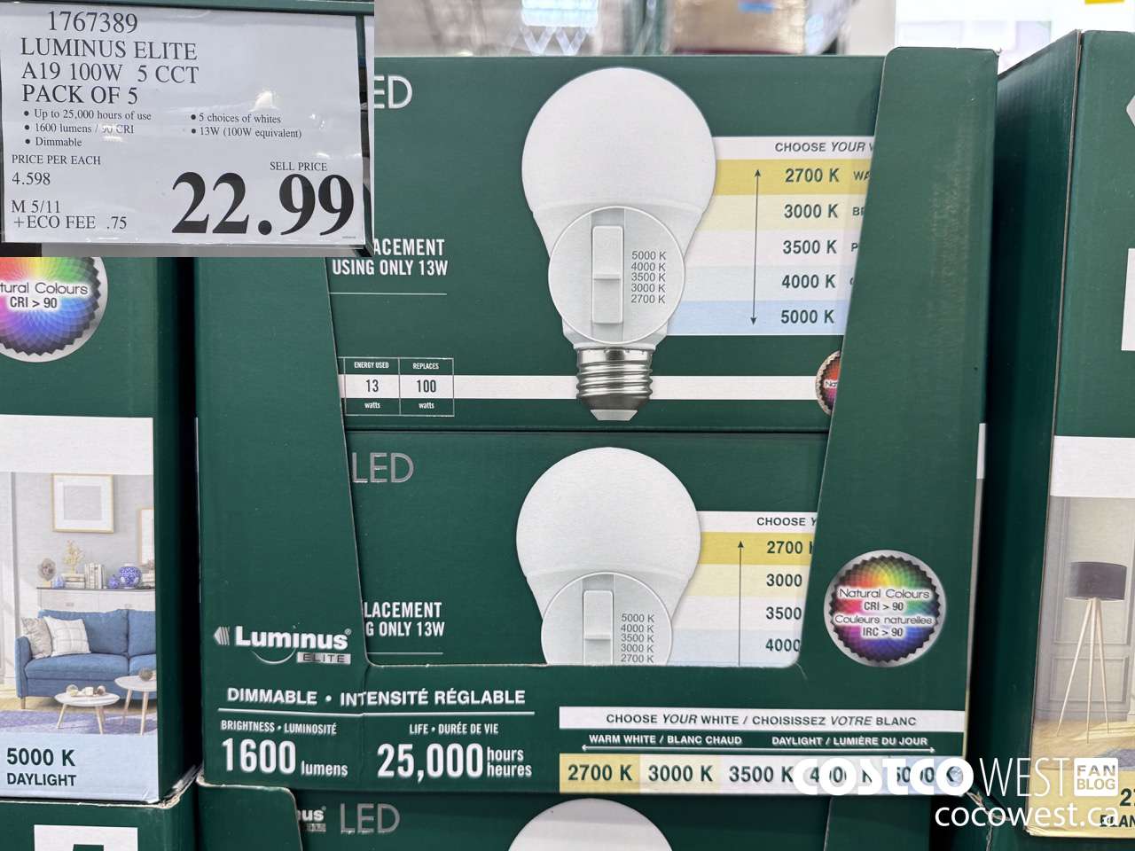 1767389 LUMINUS ELITE A19 100W 5 CCT PACK OF 5 $22.99