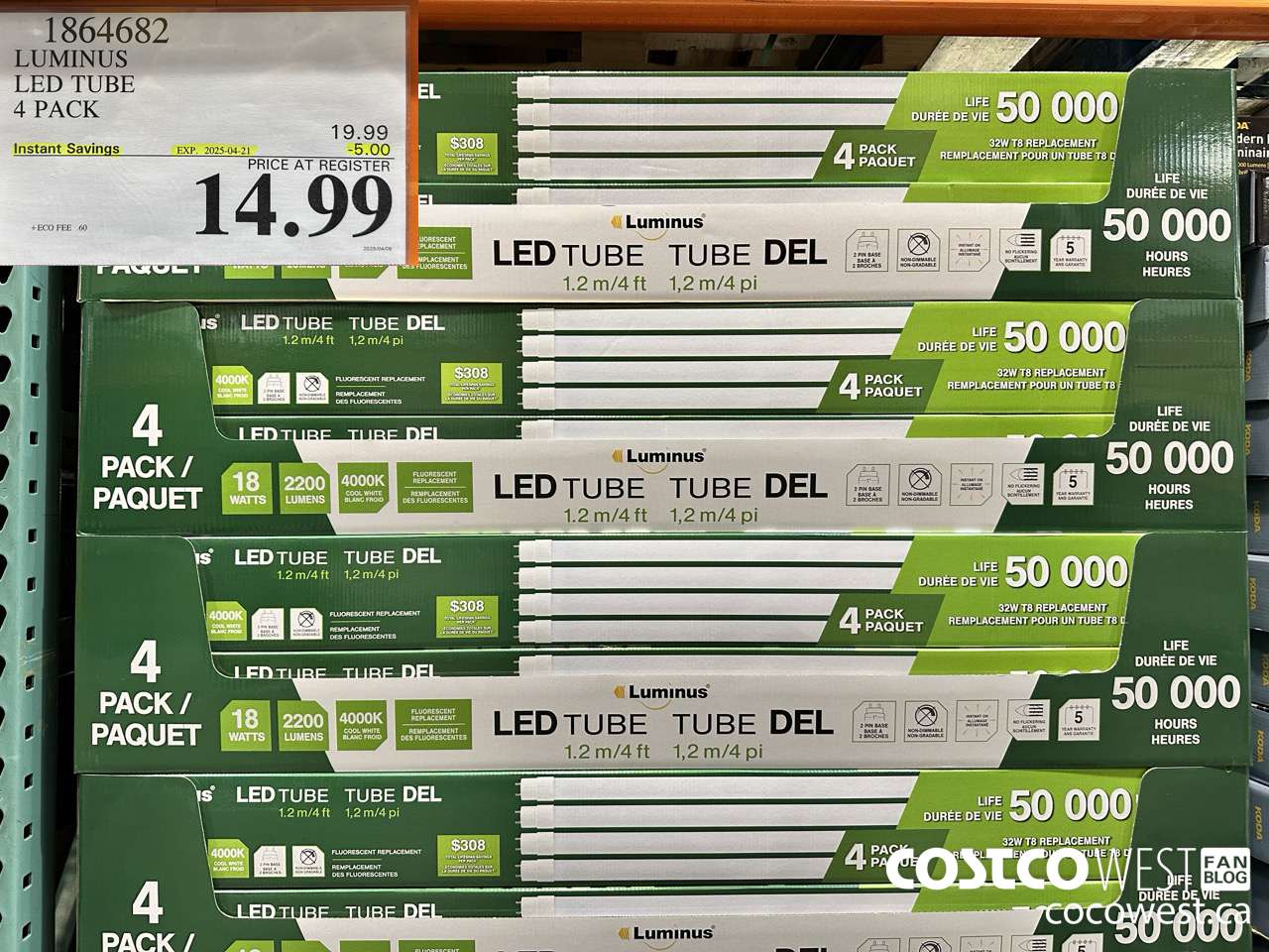 1864682 LUMINUS LED TUBE 4 PACK ($5.00 INSTANT SAVINGS EXPIRES ON 2025-04-21) $14.99