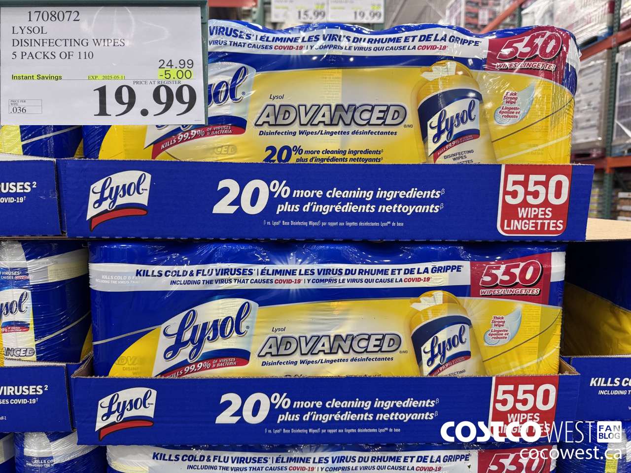 1708072 LYSOL DISINFECTING WIPES 5 X 110 WIPES ($5.00 INSTANT SAVINGS EXPIRES ON 2025-05-11) $19.99