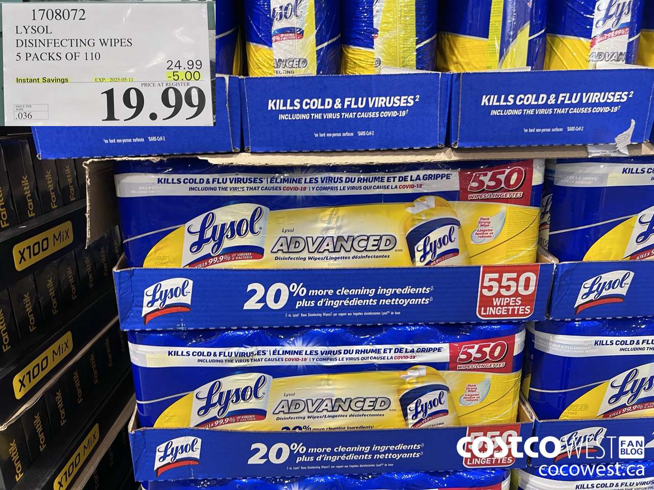 1708072 LYSOL DISINFECTING WIPES 5 X 110 WIPES ($5.00 INSTANT SAVINGS EXPIRES ON 2025-05-11) $19.99