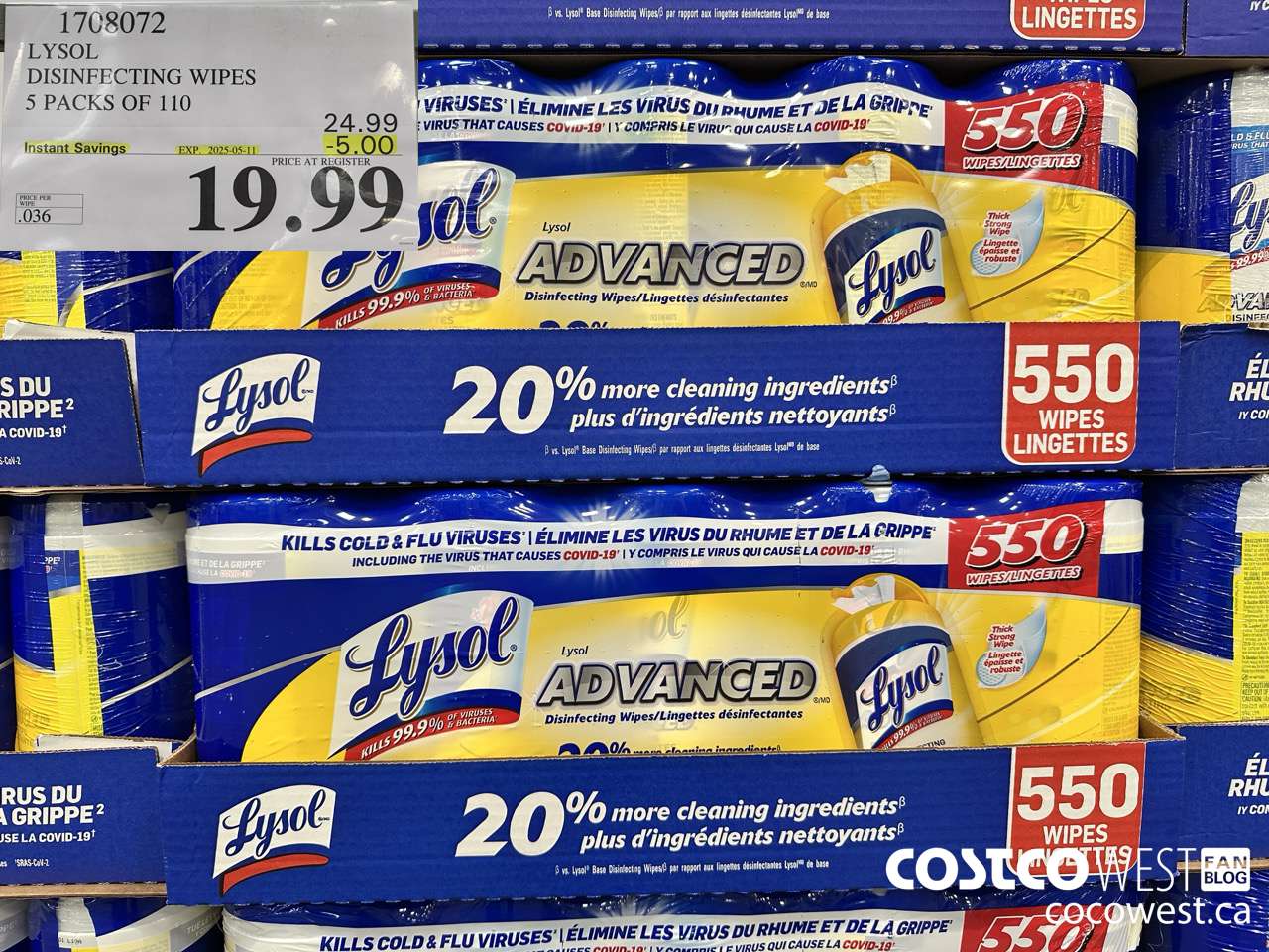 1708072 LYSOL DISINFECTING WIPES 5 X 110 WIPES ($5.00 INSTANT SAVINGS EXPIRES ON 2025-05-11) $19.99