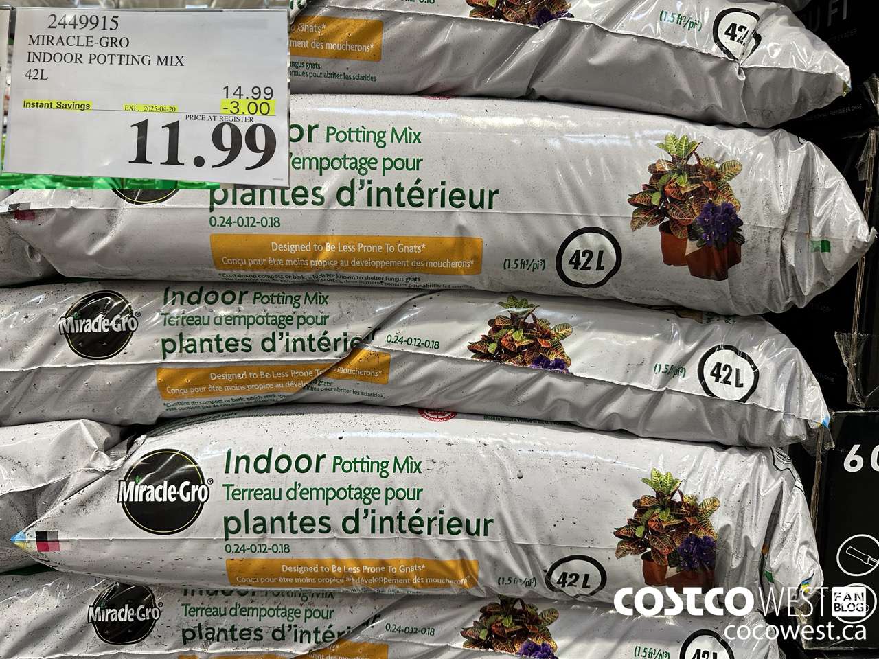 2449915 MIRACLE-GRO INDOOR POTTING MIX 42L ($3.00 INSTANT SAVINGS EXPIRES ON 2025-04-20) $11.99