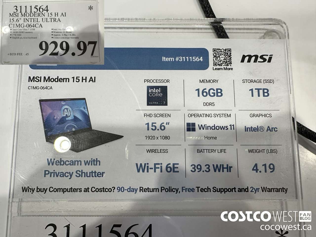 3111564 MSI MODERN 15 H AI 15.6