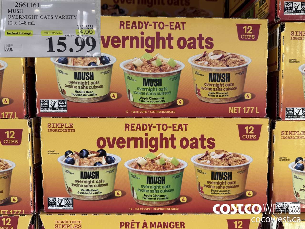 2661161 MUSH OVERNIGHT OATS VARIETY 12 X 141G ($5.00 INSTANT SAVINGS EXPIRES ON 2025-04-06) $15.99