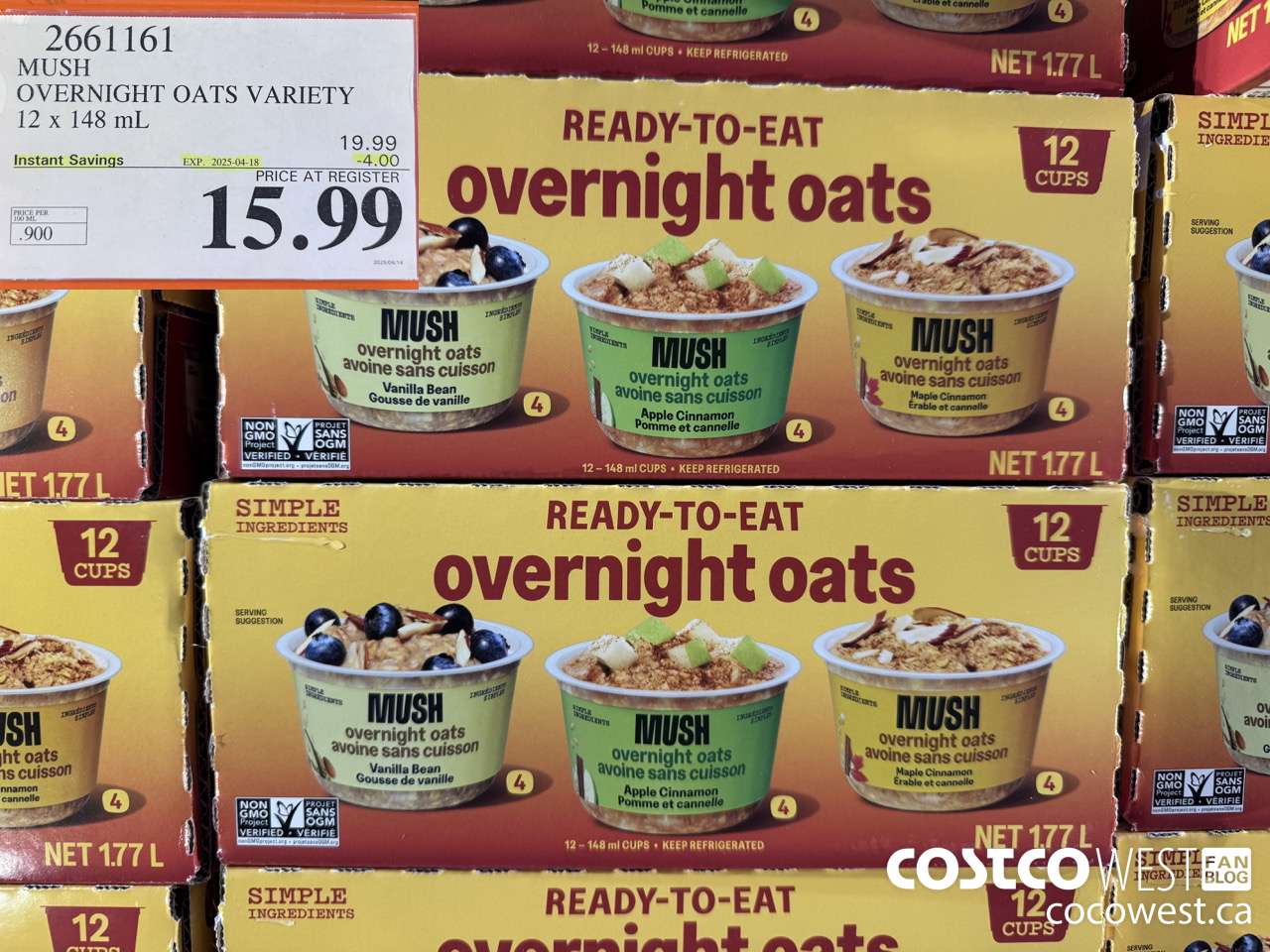 2661161 MUSH OVERNIGHT OATS VARIETY 12 X 141G ($4.00 INSTANT SAVINGS EXPIRES ON 2025-04-18) $15.99