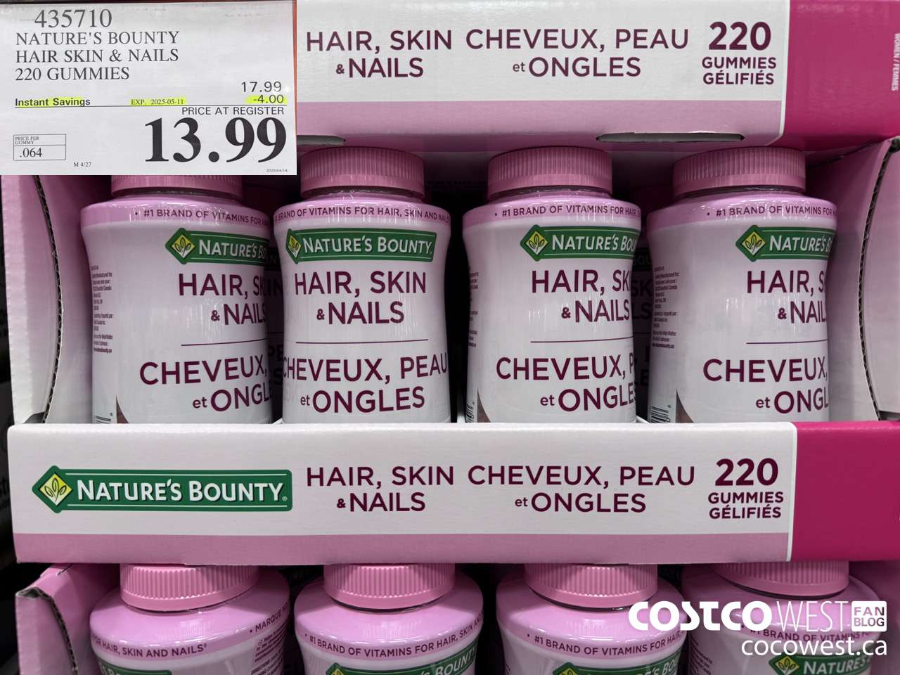 435710 NATURE'S BOUNTY HAIR SKIN & NAILS 220 GUMMIES ($4.00 INSTANT SAVINGS EXPIRES ON 2025-05-11) $13.99