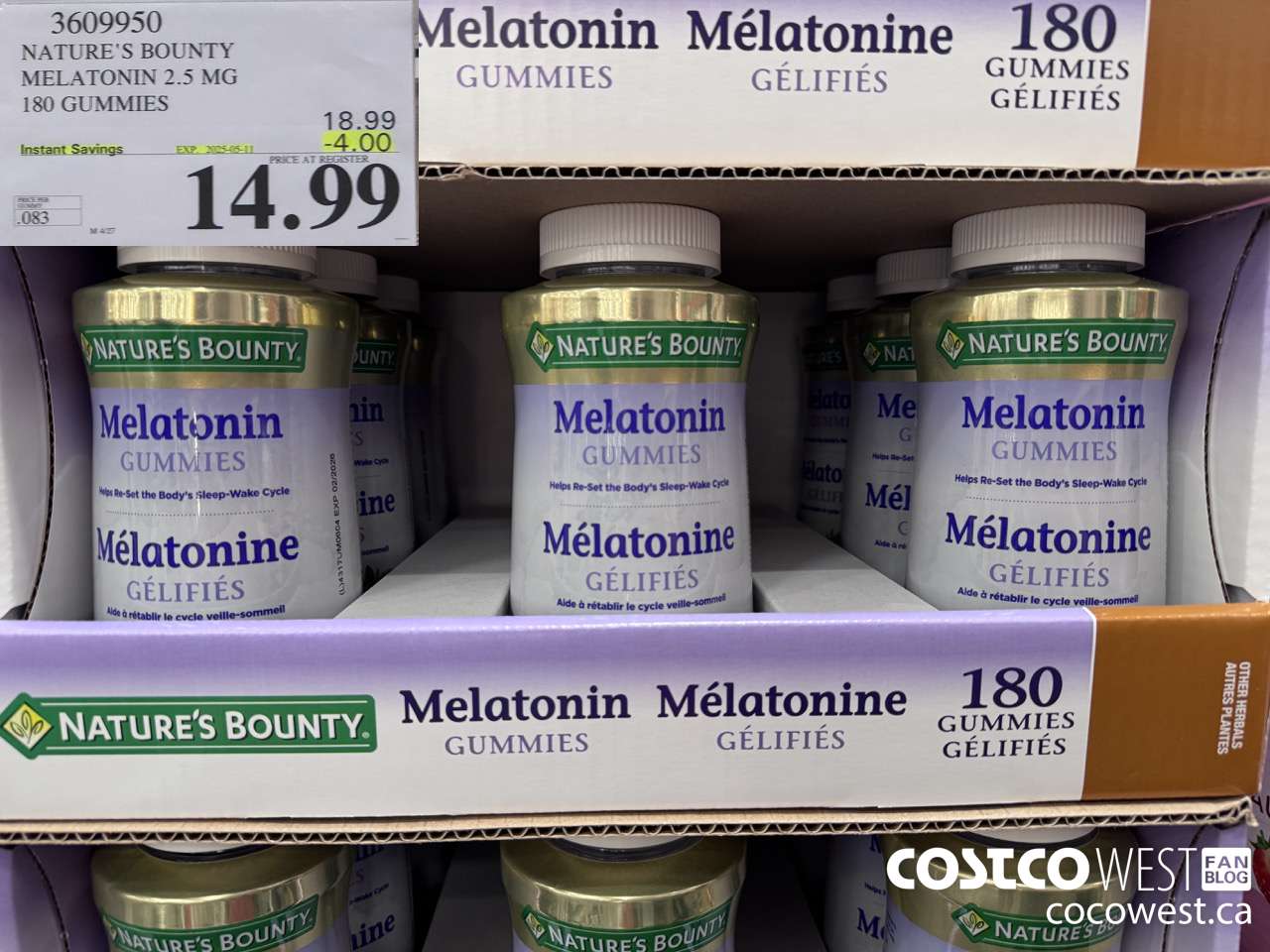 3609950 NATURE'S BOUNTY MELATONIN GUMMIES 180 GUMMIES ($4.00 INSTANT SAVINGS EXPIRES ON 2025-05-11) $14.99