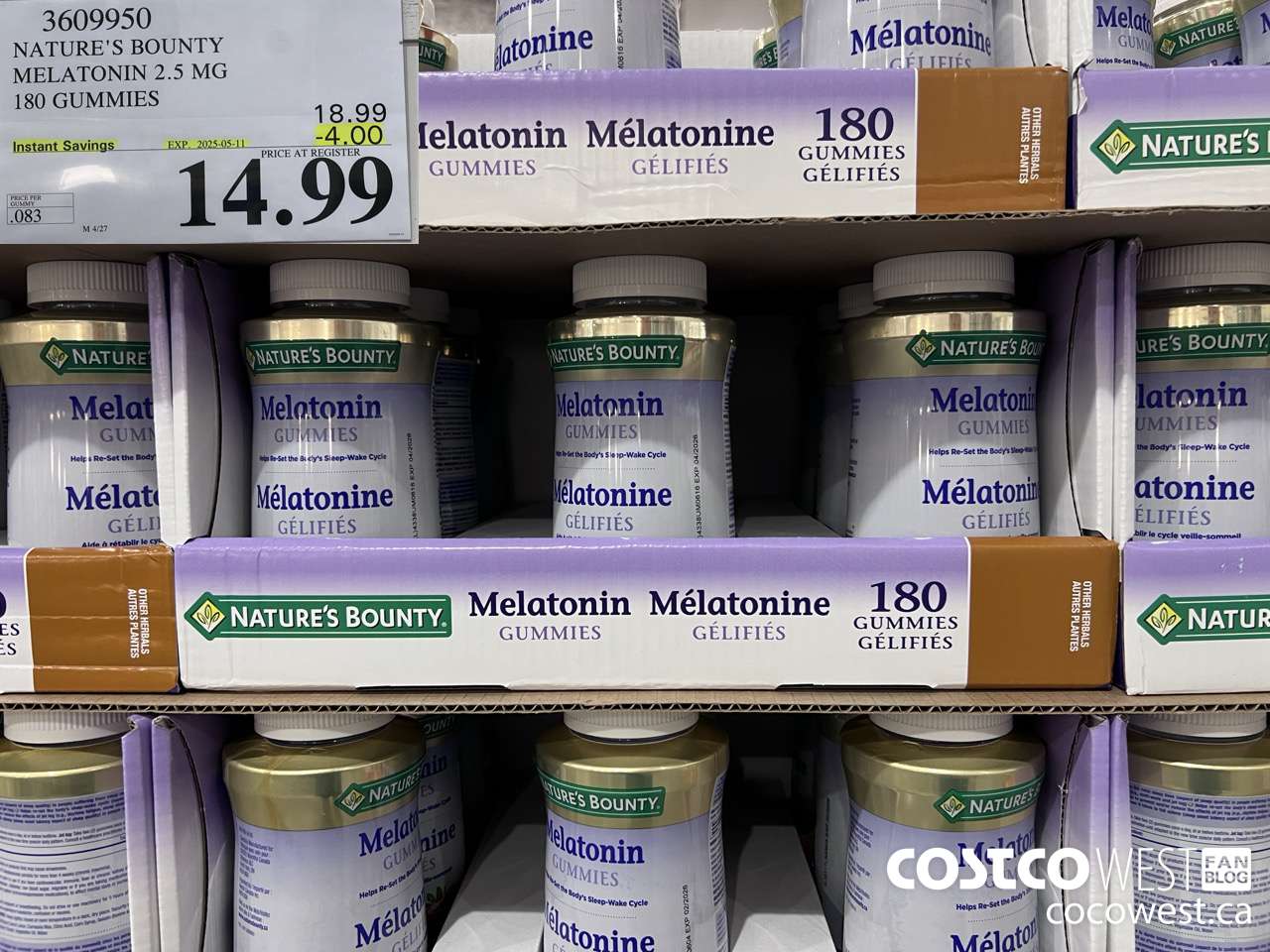 3609950 NATURE'S BOUNTY MELATONIN GUMMIES 180 GUMMIES ($4.00 INSTANT SAVINGS EXPIRES ON 2025-05-11) $14.99