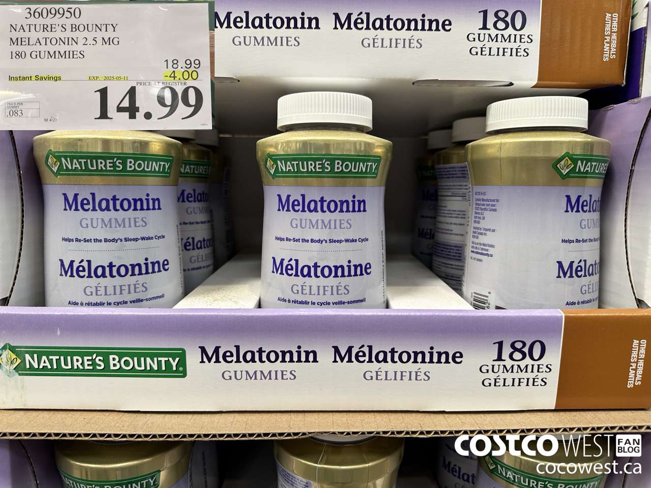 3609950 NATURE'S BOUNTY MELATONIN GUMMIES 180 GUMMIES ($4.00 INSTANT SAVINGS EXPIRES ON 2025-05-11) $14.99