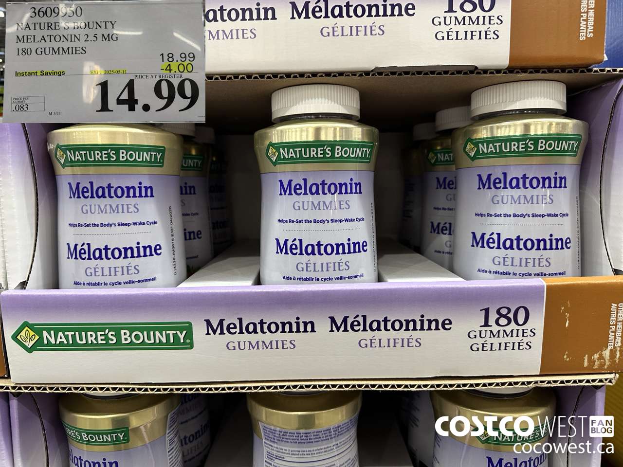 3609950 NATURE'S BOUNTY MELATONIN GUMMIES 180 GUMMIES ($4.00 INSTANT SAVINGS EXPIRES ON 2025-05-11) $14.99