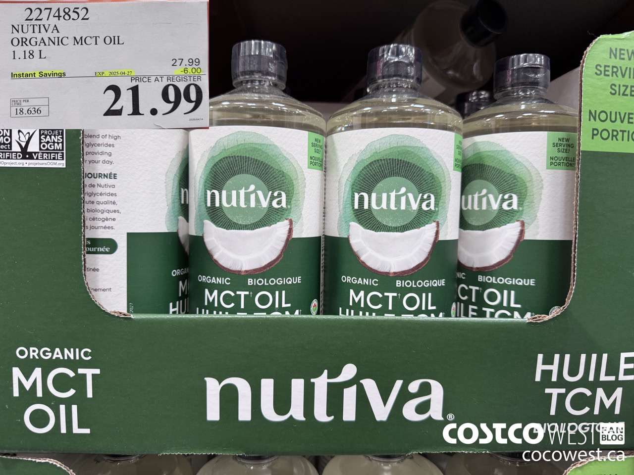 2274852 NUTIVA ORGANIC MCT OIL 1.18L ($6.00 INSTANT SAVINGS EXPIRES ON 2025-04-27) $21.99