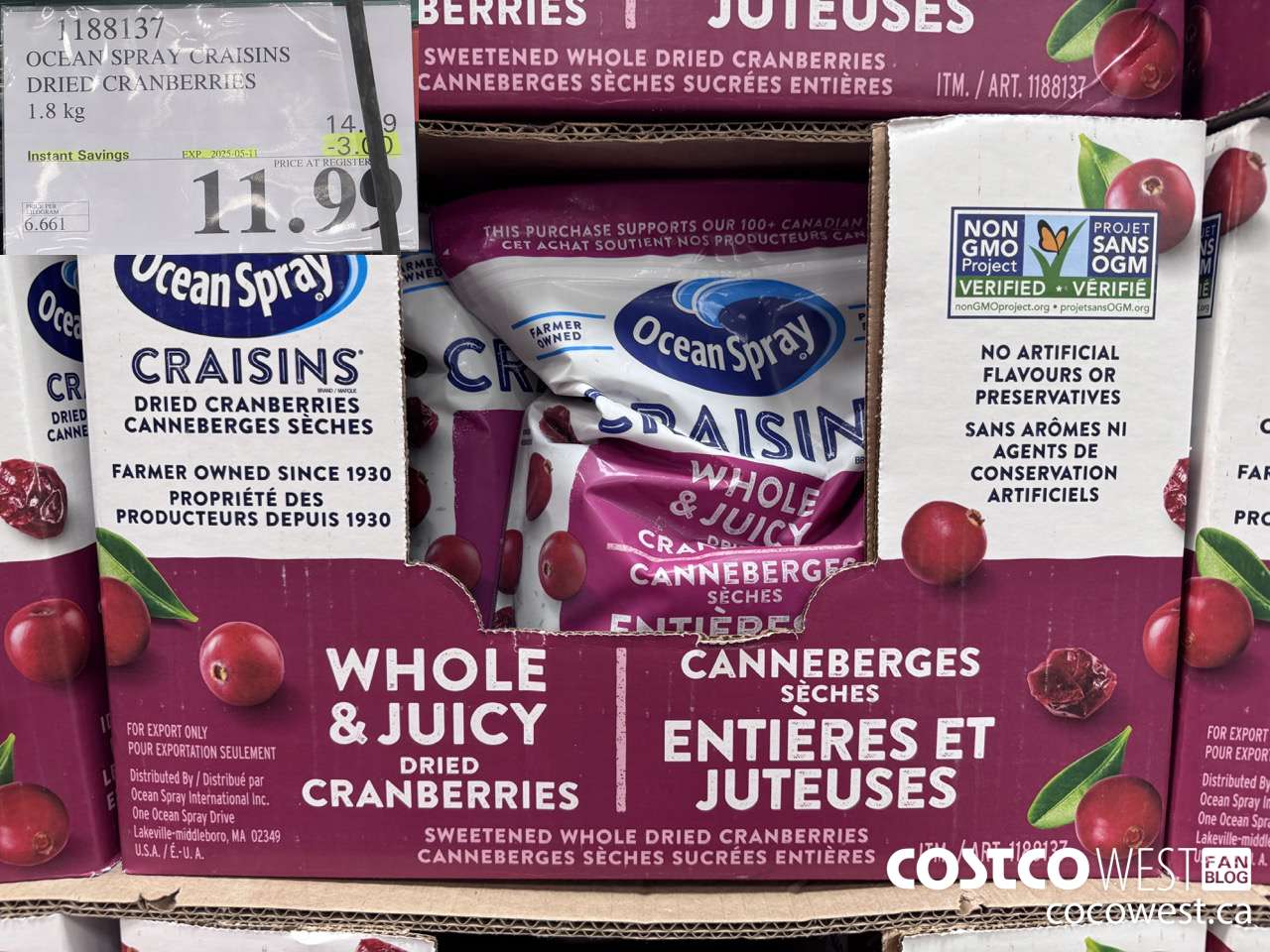 1188137 OCEAN SPRAY CRAISINS DRIED CRANBERRIES 1.8 KG ($3.00 INSTANT SAVINGS EXPIRES ON 2025-05-11) $11.99