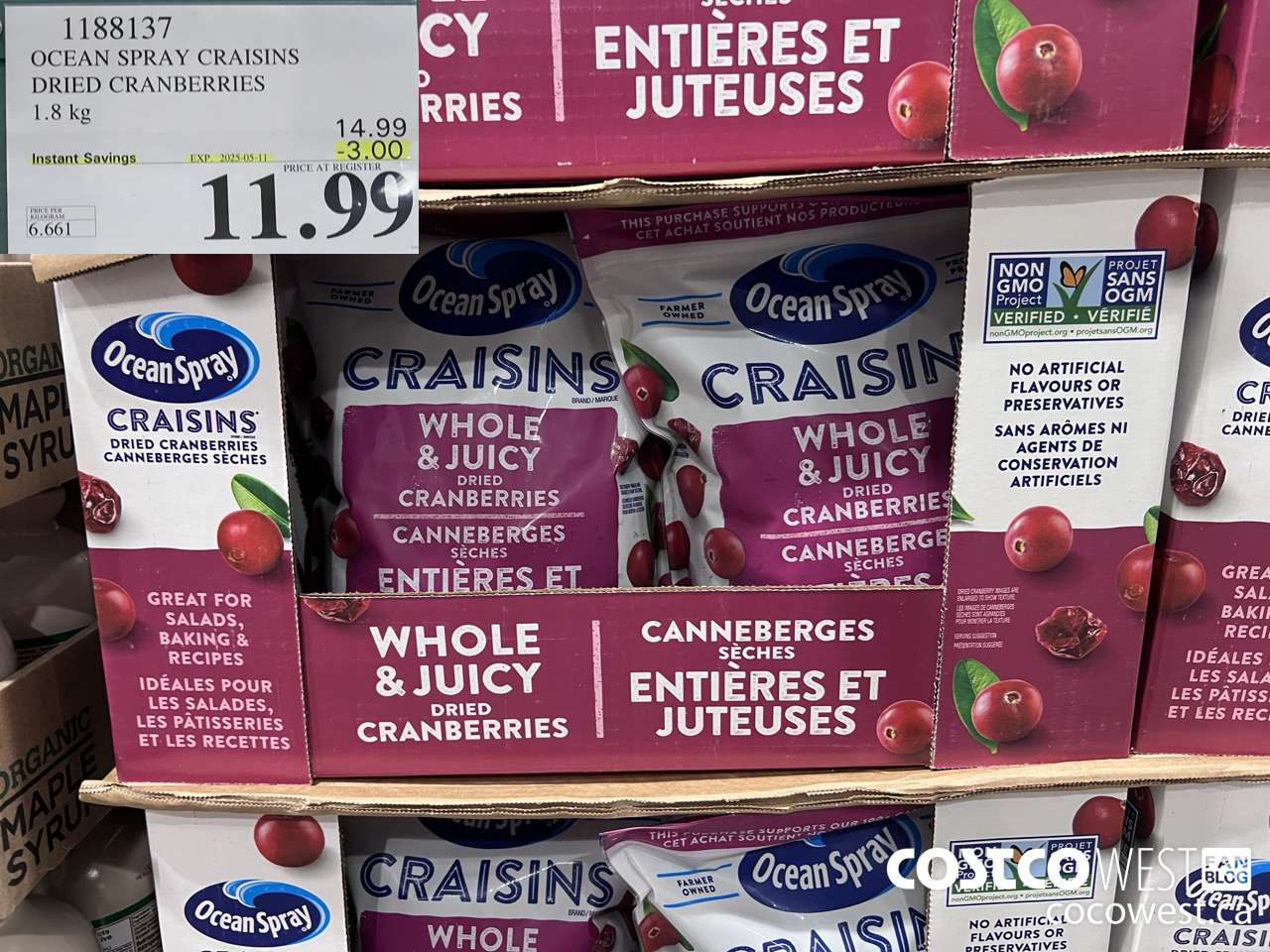 1188137 OCEAN SPRAY CRAISINS DRIED CRANBERRIES 1.8 KG ($3.00 INSTANT SAVINGS EXPIRES ON 2025-05-11) $11.99