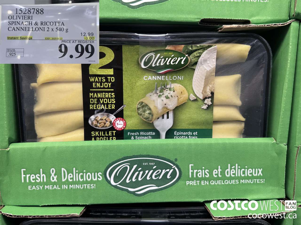 1528788 OLIVIERI SPINACH & RICOTTA CANNELLONI 2 x 540 g ($3.00 INSTANT SAVINGS EXPIRES ON 2025-04-13) $9.99
