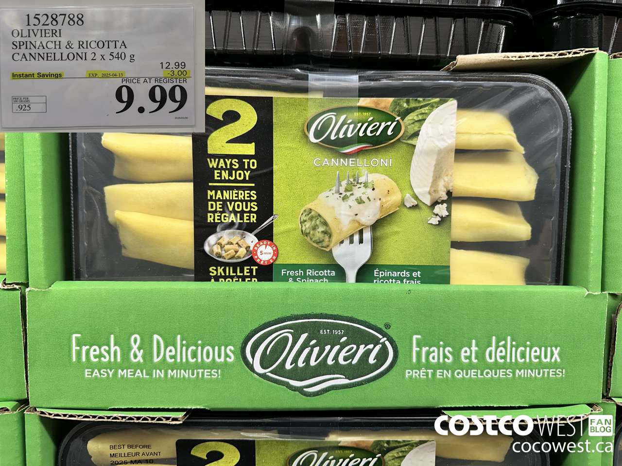 1528788 OLIVIERI SPINACH & RICOTTA CANNELLONI 2 x 540 g ($3.00 INSTANT SAVINGS EXPIRES ON 2025-04-13) $9.99