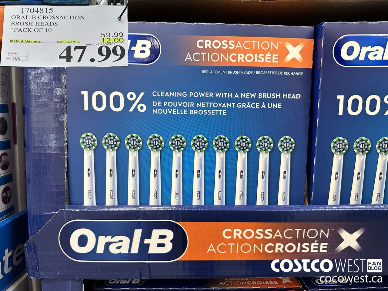 1704815 ORAL-B CROSSACTION BRUSH HEADS PACK OF 10 ($12.00 INSTANT SAVINGS EXPIRES ON 2025-04-13) $47.99