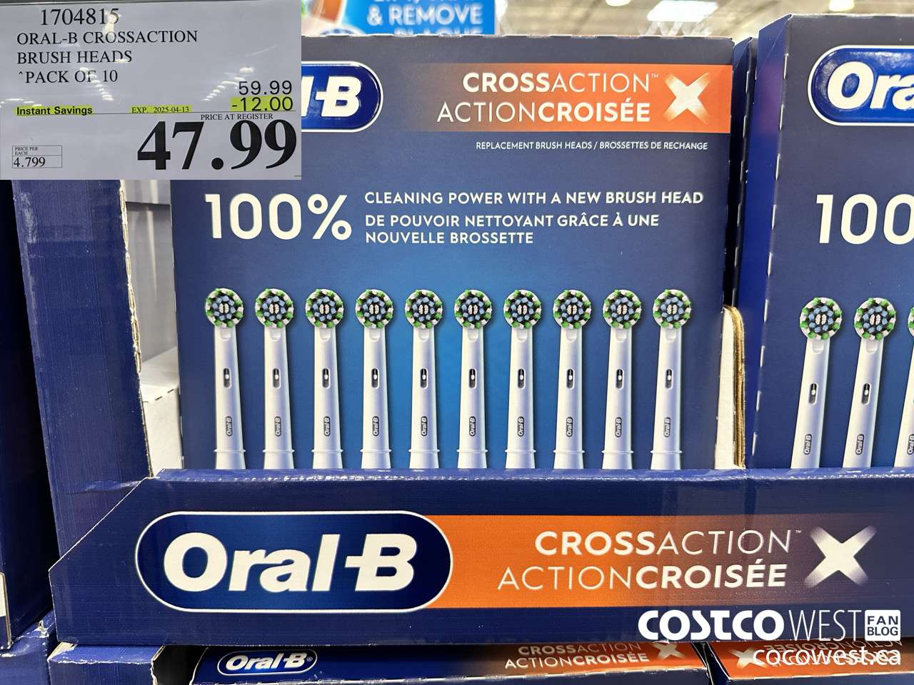 1704815 ORAL-B CROSSACTION BRUSH HEADS PACK OF 10 ($12.00 INSTANT SAVINGS EXPIRES ON 2025-04-13) $47.99