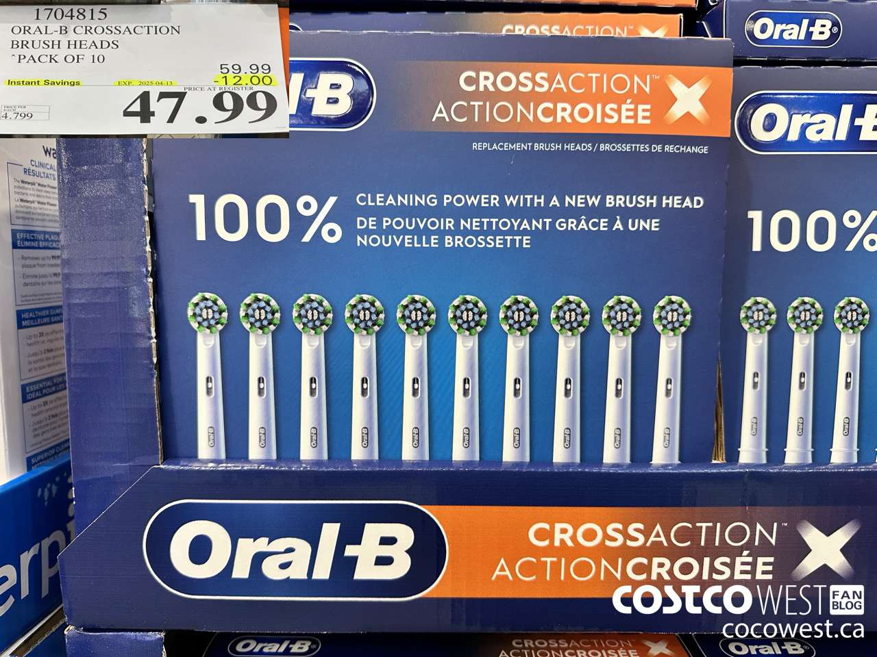 1704815 ORAL-B CROSSACTION BRUSH HEADS PACK OF 10 ($12.00 INSTANT SAVINGS EXPIRES ON 2025-04-13) $47.99