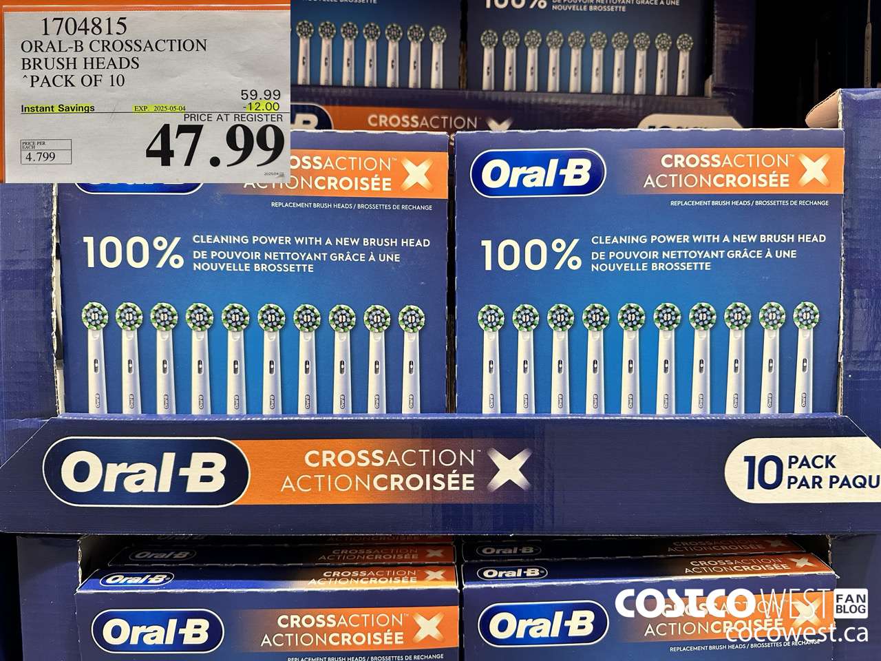 1704815 ORAL-B CROSSACTION BRUSH HEADS PACK OF 10 ($12.00 INSTANT SAVINGS EXPIRES ON 2025-05-04) $47.99
