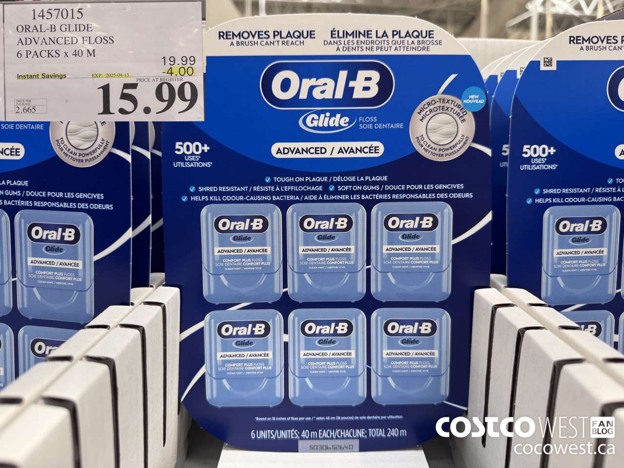 1457015 ORAL-B GLIDE ADVANCED FLOSS 6 PACKS x 40 M ($4.00 INSTANT SAVINGS EXPIRES ON 2025-04-13) $15.99