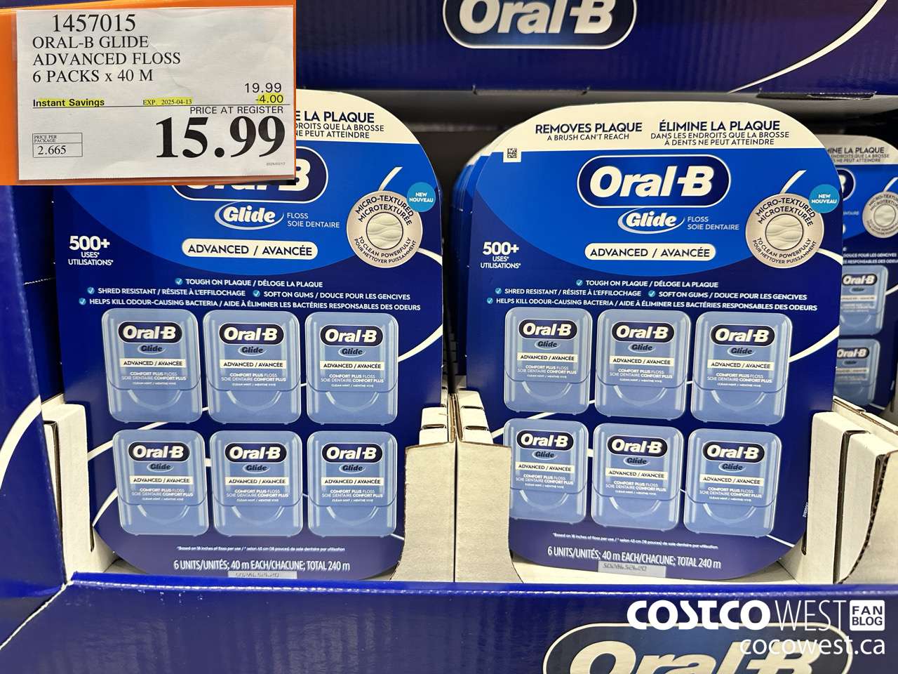 1457015 ORAL-B GLIDE ADVANCED FLOSS 6 PACKS x 40 M ($4.00 INSTANT SAVINGS EXPIRES ON 2025-04-13) $15.99