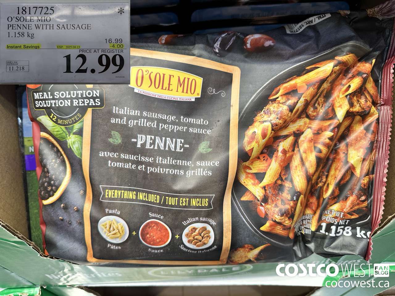 1817725 O'SOLE MIO PENNE WITH SAUSAGE 1.158KG ($4.00 INSTANT SAVINGS EXPIRES ON 2025-04-13) $12.99