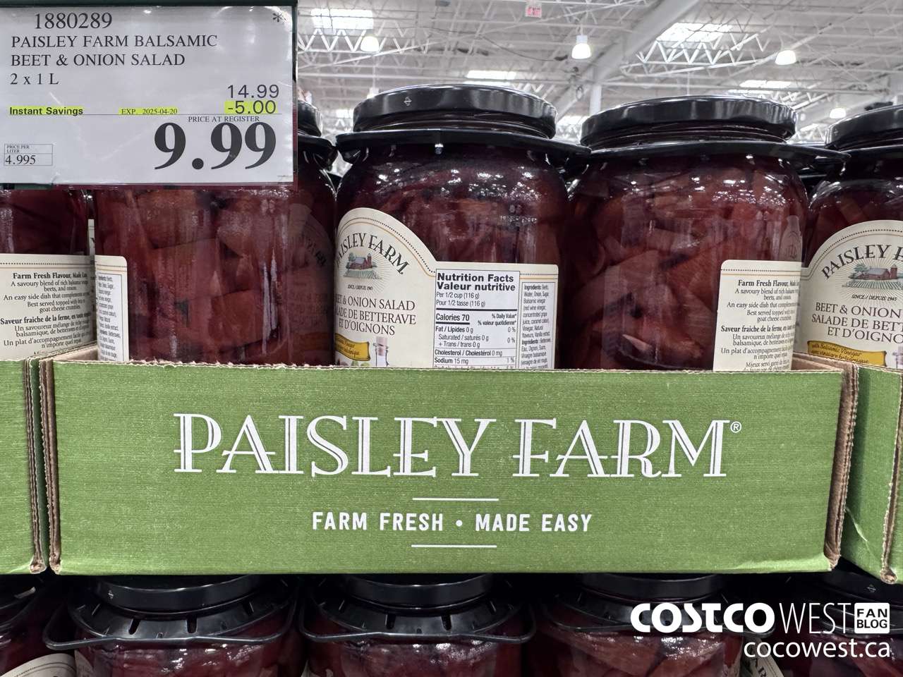 1880289 PAISLEY FARM BALSAMIC BEET & ONION SALAD 2 X 1L ($5.00 INSTANT SAVINGS EXPIRES ON 2025-04-20) $9.99
