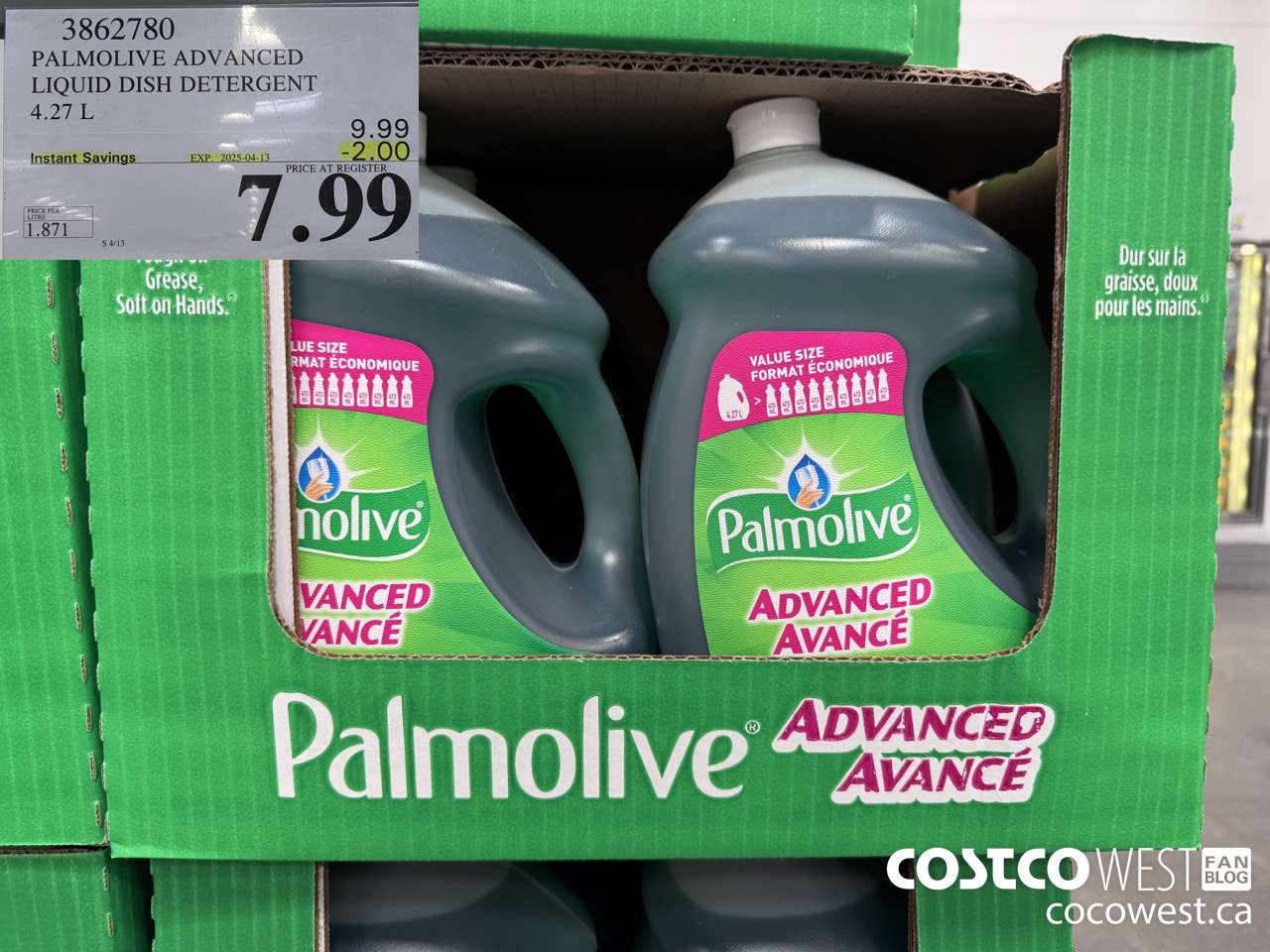 3862780 PALMOLIVE ADVANCED LIQUID DISH DETERGENT 4.27 L ($2.00 INSTANT SAVINGS EXPIRES ON 2025-04-13) $7.99
