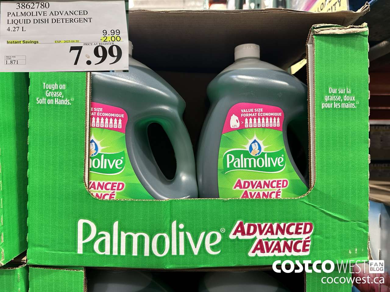 3862780 PALMOLIVE ADVANCED LIQUID DISH DETERGENT 4.27 L ($2.00 INSTANT SAVINGS EXPIRES ON 2025-04-30) $7.99