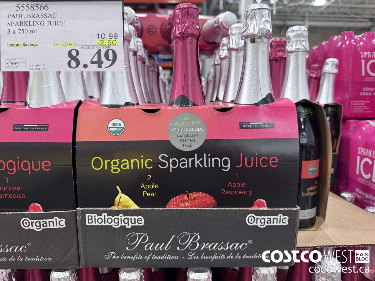 5558566 PAUL BRASSAC ORGANIC SPARKLING JUICE 3 x 750 ml ($2.50 INSTANT SAVINGS EXPIRES ON 2025-04-17) $8.49