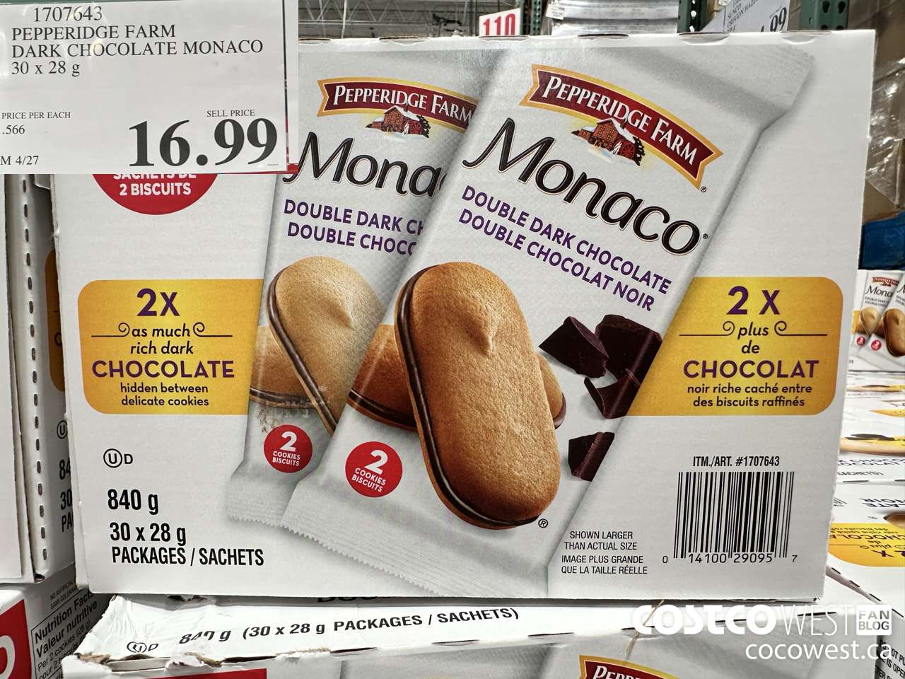 1707643 PEPPERIDGE FARM DARK CHOCOLATE MONACO 30 X 28G $16.99