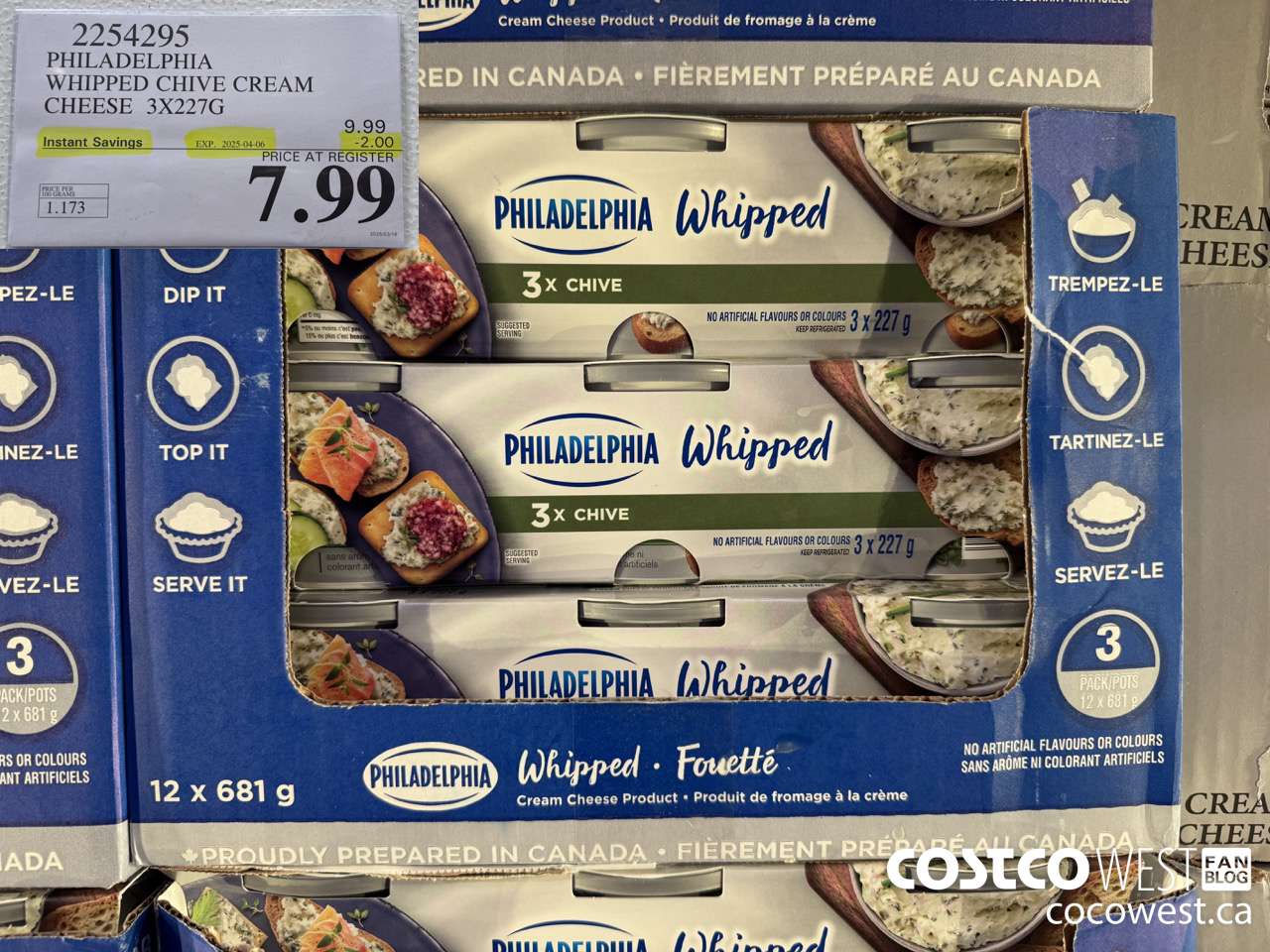 2254295 PHILADELPHIA WHIPPED CHIVE CREAM CHEESE 3 X 227G ($2.00 INSTANT SAVINGS EXPIRES ON 2025-04-06) $7.99
