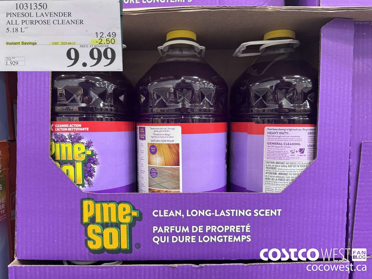 1031350 PINESOL LAVENDER ALL PURPOSE CLEANER 5.18 L ($2.50 INSTANT SAVINGS EXPIRES ON 2025-04-13) $9.99