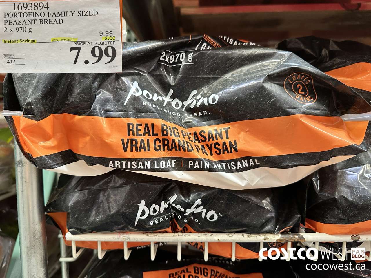 1693894 PORTOFINO FAMILY SIZED PEASANT BREAD 2 x 970g ($2.00 INSTANT SAVINGS EXPIRES ON 2025-04-13) $7.99