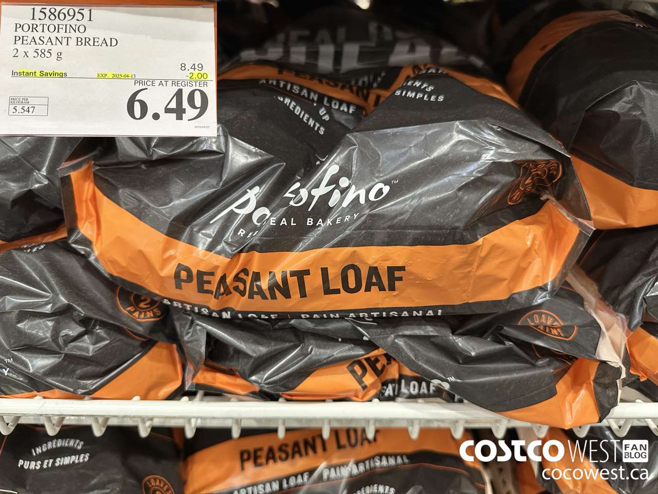 1586951 PORTOFINO PEASANT BREAD 2 X 585 g ($2.00 INSTANT SAVINGS EXPIRES ON 2025-04-13) $6.49